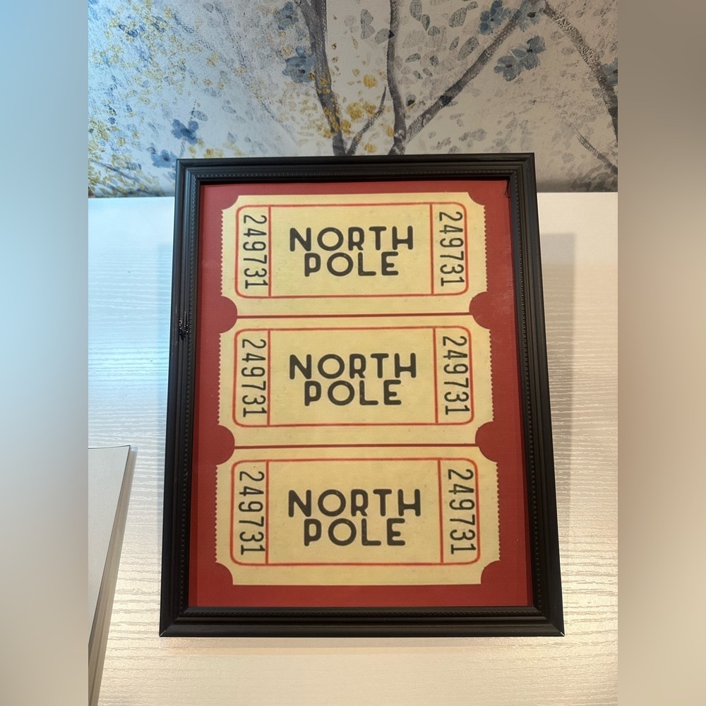 Red North Pole Christmas Polar Express Ticket Art Print Framed 8x10”